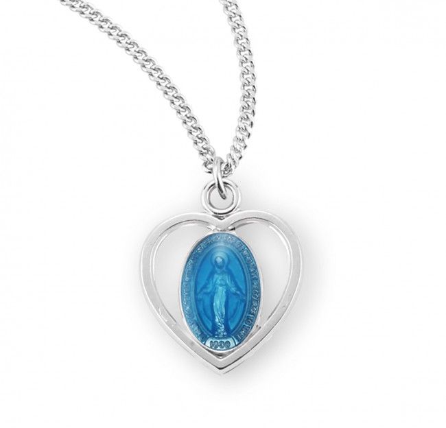 Sterling Silver Miraculous Blue Enameled Heart on a 16&quot; Rhodium Plated Chain