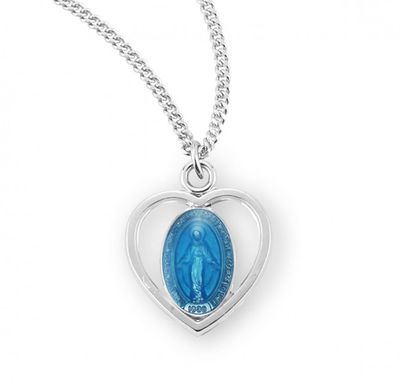 Sterling Silver Miraculous Blue Enameled Heart on a 16&quot; Rhodium Plated Chain