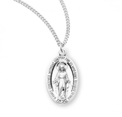 Sterling Silver Small Oval Miraculous Medal on a 18&quot; Rhodium Plated Chain
