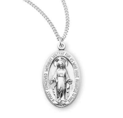 Sterling Silver Medium Oval Miraculous  Medal on a 18&quot; Rhodium Plated Chain