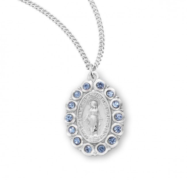 Sterling Silver Oval Miraculous with Sapphire Stones on a 18&quot; Rhodium Plated Chain