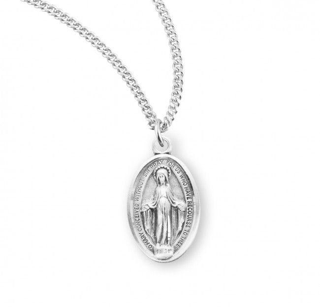 Sterling Silver Oval Miraculous Medal with a 18&quot; Rhodium Plated Chain