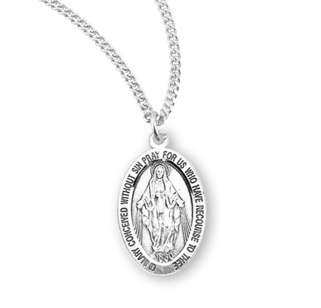 Sterling Silver Oval Miraculous Medal with  a 18&quot; Rhodium Plated Chain