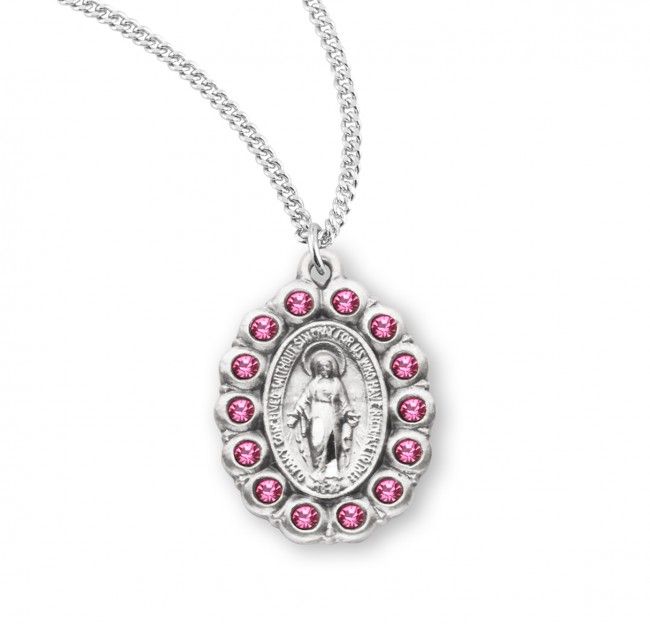 Sterling Silver Oval Miraculous with Pink Stones on a 18&quot; Rhodium Plated Chain