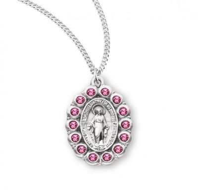 Sterling Silver Oval Miraculous with Pink Stones on a 18&quot; Rhodium Plated Chain