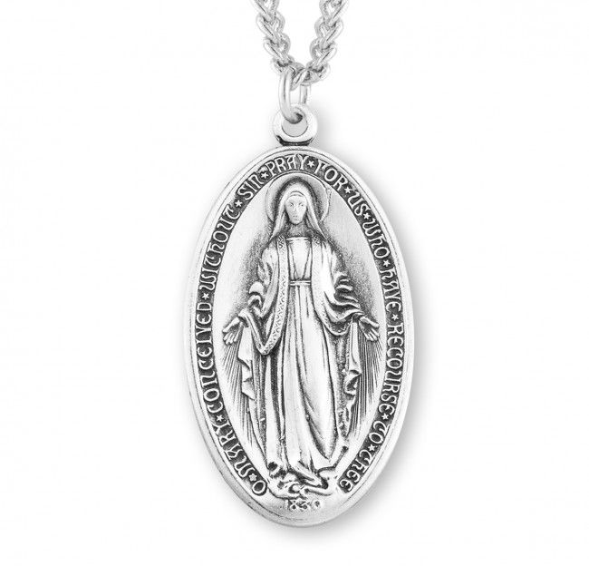 Sterling Silver Medium Oval Miraculous Medal on a 24&quot; Rhodium Plated Chain