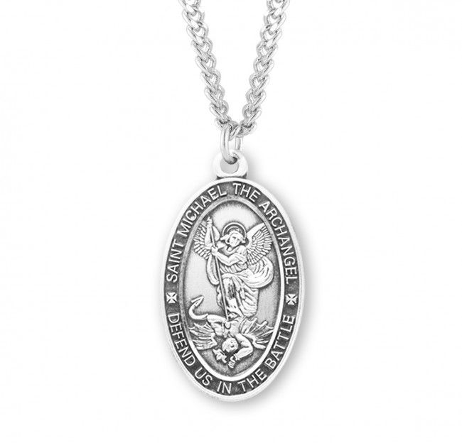 Sterling Silver Oval St. Michael Medal on a 24&quot; Rhodium Plated Chain