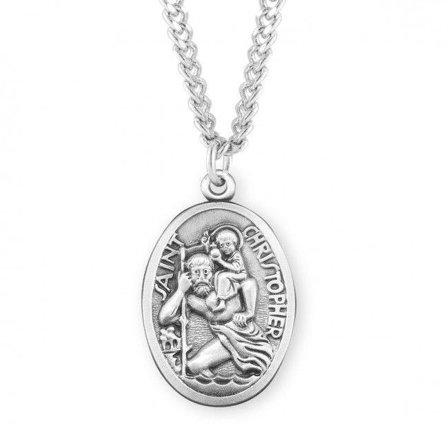 Sterling Silver Oval St. Christopher Medal on a 24&quot; Rhodium Plated Chain