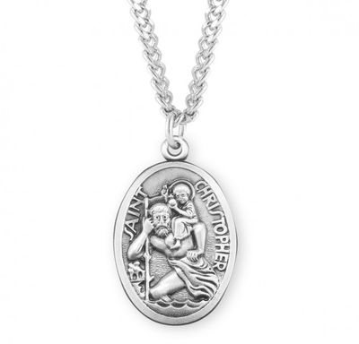 Sterling Silver Oval St. Christopher Medal on a 24&quot; Rhodium Plated Chain