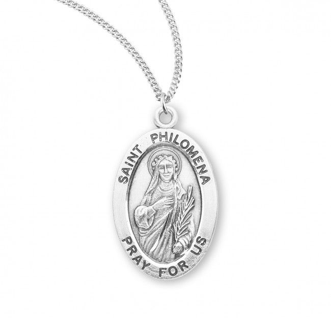 Sterling Silver St. Philomena Oval Medal on a 18&quot; Rhodium Plated Chain
