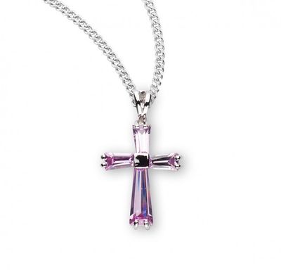 Pink Zircon Cross Pendant on a 18&quot; Rhodium Plated Chain