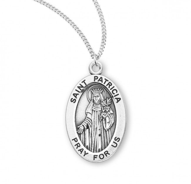 Sterling Silver St. Patricia Oval Medal on a 18&quot; Rhodium Plated Chain
