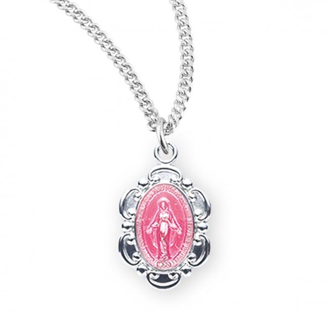 Sterling Silver Pink Enameled Oval Fancy Edge Miraculous Medal on a 18&quot; Rhodium Plated Chain