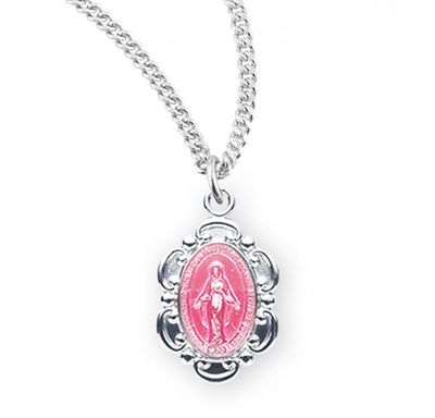 Sterling Silver Pink Enameled Oval Fancy Edge Miraculous Medal on a 18&quot; Rhodium Plated Chain