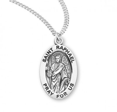 Sterling Silver St. Raphael Oval Medal on a 20&quot; Rhodium Plated Chain