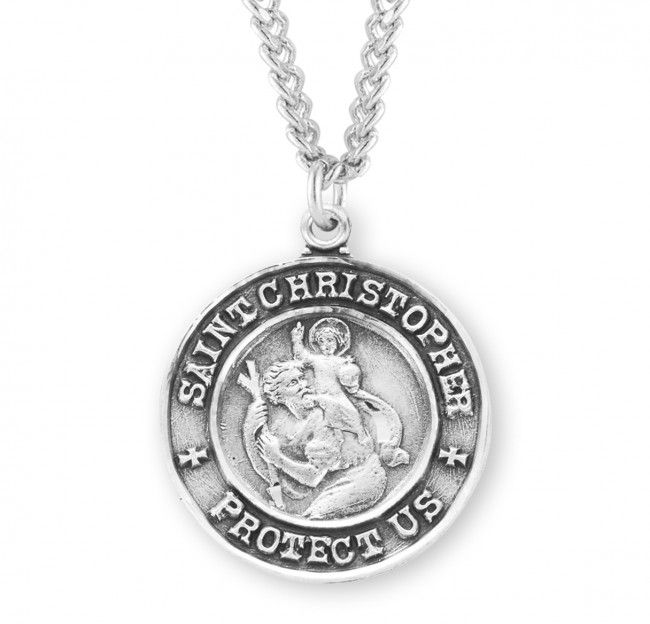 Sterling Silver Round St. Christopher Medal with St. Raphael on Back with 24&quot; Rhodium Plated Chain