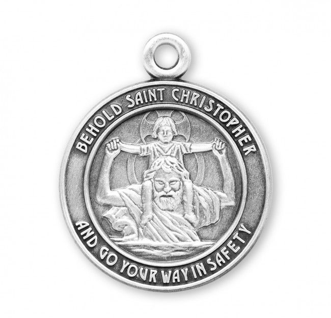 Sterling Silver Round St. Christopher Bust with Child Jesus on Shoulders on 24&quot; Rhodium Plated Chain