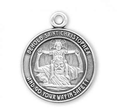 Sterling Silver Round St. Christopher Bust with Child Jesus on Shoulders on 24&quot; Rhodium Plated Chain