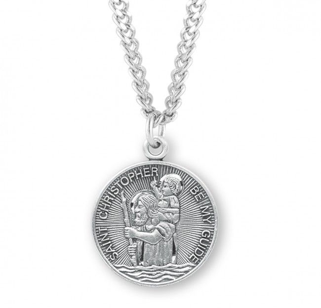 Sterling Silver St. Christopher Round Medal on a 24&quot; Rhodium Plated Chain