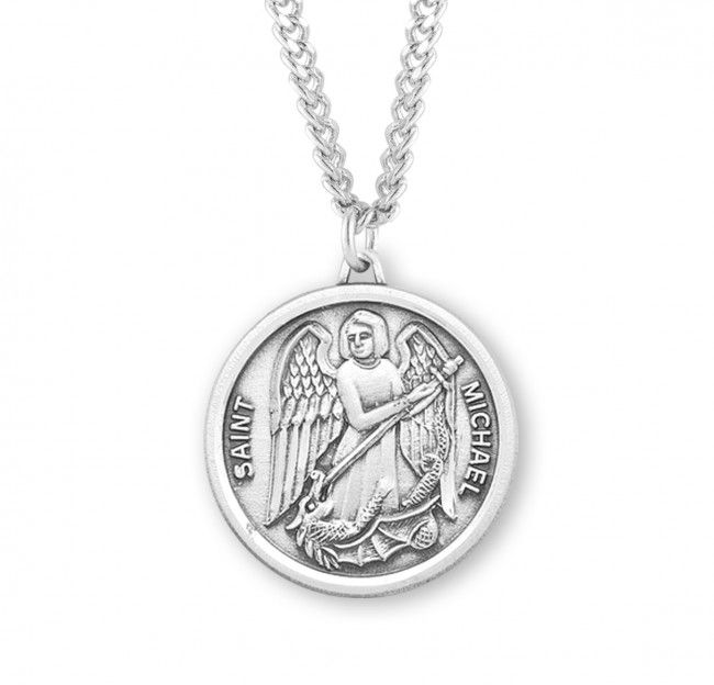 Sterling Silver St. Michael Round Medal on a 24&quot; Rhodium Plated Chain