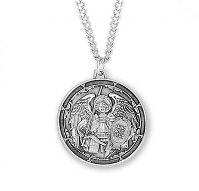 Sterling Silver Round St. Michael the Archangel in Icon Style on 24&quot; Rhodium Plated Chain