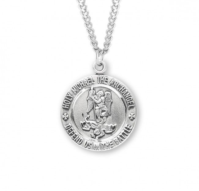 Sterling Silver Round St. Michael EMT Medal on a 24&quot; Rhodium Plated Chain