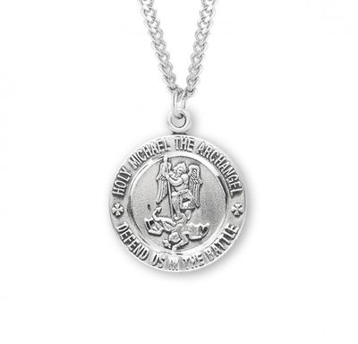 Sterling Silver Round St. Michael EMT Medal on a 24&quot; Rhodium Plated Chain