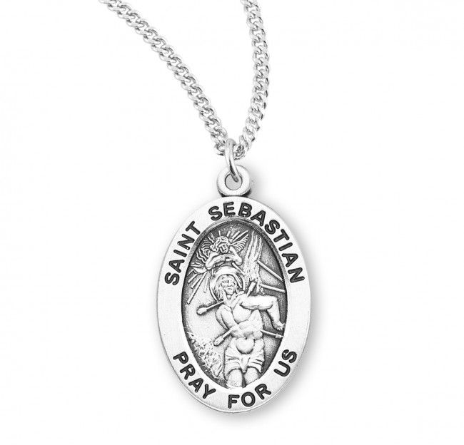 Sterling Silver St. Sebastian Oval Medal on a 20&quot; Rhodium Plated Chain