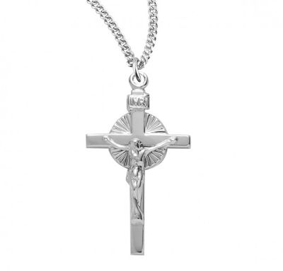 Sun Burst Sterling Silver Crucifix on a 18&quot; Rhodium Plated Chain