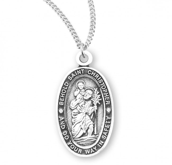 Sterling Silver St. Christopher Oval Medal on a 18&quot; Rhodium Plated Chain