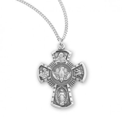Sterling Silver Small 4-Way with Holy Spirit on a 18&quot; Rhodium Plated Chain