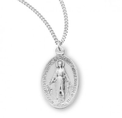 Sterling Silver Small Oval Miraculous Medal  on a 18&quot; Rhodium Plated Chain