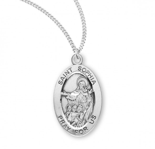 Sterling Silver St. Sophia Oval Medal on a 18&quot; Rhodium Plated Chain