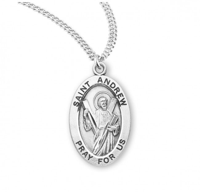 Sterling Silver St. Andrew Oval Medal on a 20&quot; Rhodium Plated Chain