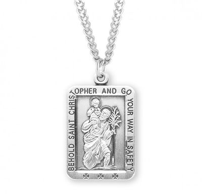 Sterling Silver Square St. Christopher Medal on a 24&quot; Rhodium Plated Chain