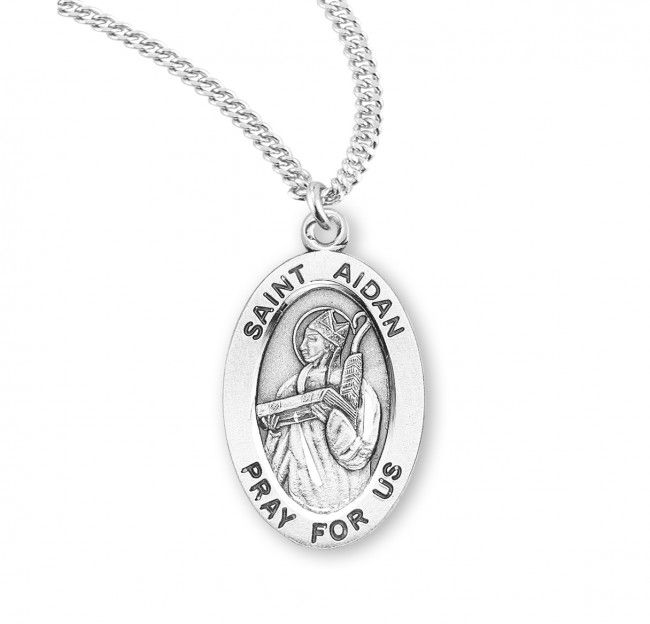 Sterling Silver St. Aiden Oval Medal on a 20&quot; Rhodium Plated Chain