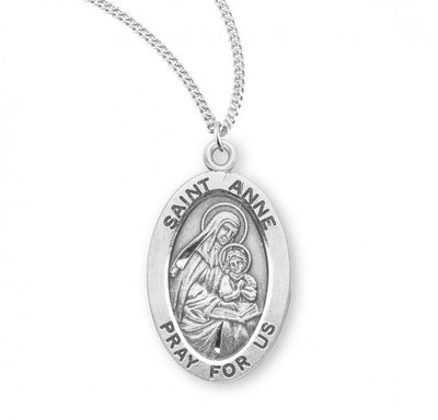 Sterling Silver St. Anne Oval Medal on a 18&quot; Rhodium Plated Chain