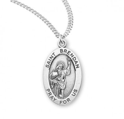 Sterling Silver St. Brendan Oval Medal on a 20&quot; Rhodium Plated Chain