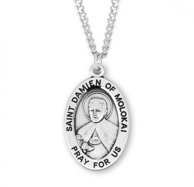 Sterling Silver St. Damien Oval Medal on a 20&quot; Rhodium Plated Chain