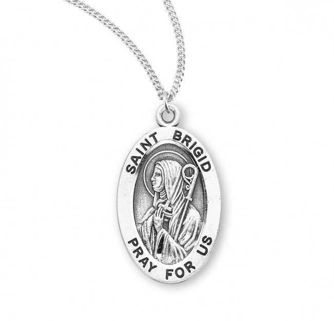 Sterling Silver St. Brigid Oval Medal on a 18&quot; Rhodium Plated Chain
