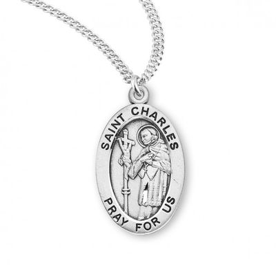 Sterling Silver St. Charles Oval Medal on a 20&quot; Rhodium Plated Chain
