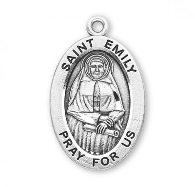 Sterling Silver St. Emily Oval Medal on a 18&quot; Rhodium Plated Chain