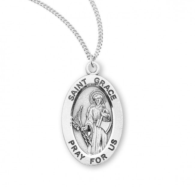 Sterling Silver St. Grace Oval Medal on a 18&quot; Rhodium Plated Chain