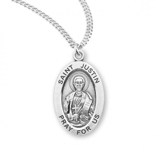 Sterling Silver St. Justin Oval Medal on a 20" Rhodium Plated Chain Sterling Silver St. Justin Oval Medal on a 20" Rhodium Plated Chain