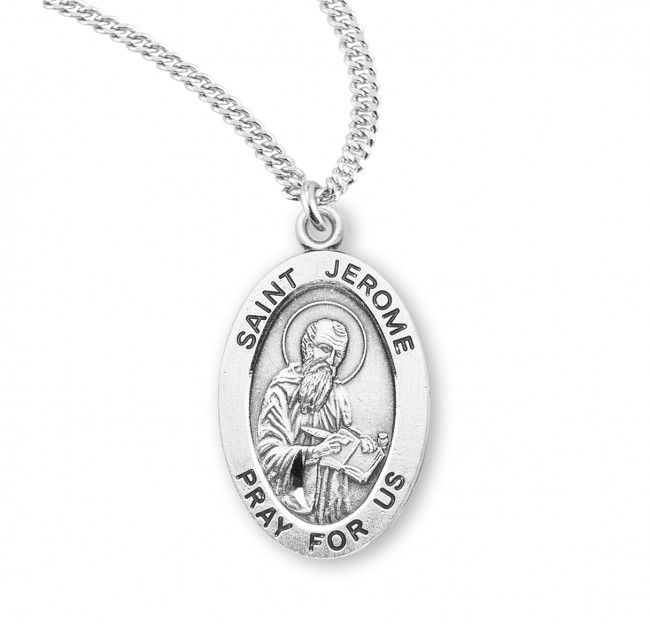 Sterling Silver St. Jerome Oval Medal on a 20&quot; Rhodium Plated Chain