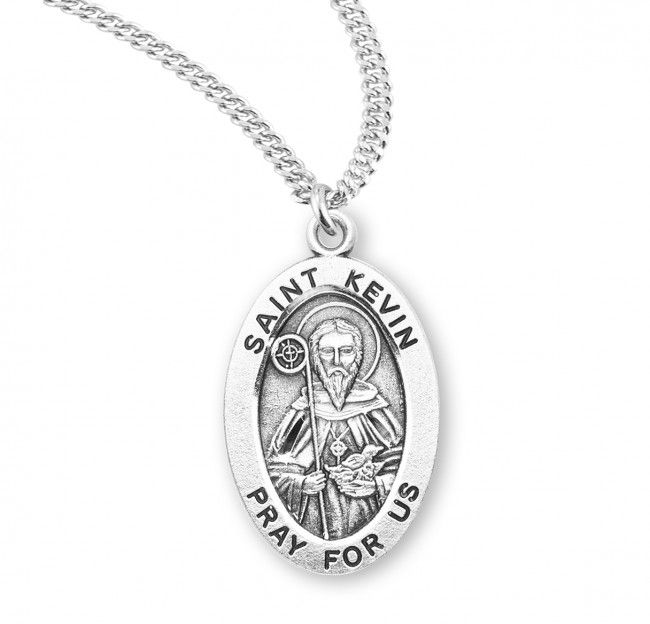 Sterling Silver St. Kevin Oval Medal on a 20&quot; Rhodium Plated Chain