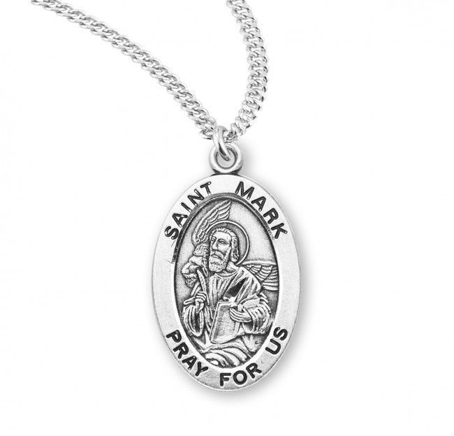 Sterling Silver St. Mark Oval Medal on a 20&quot; Rhodium Plated Chain
