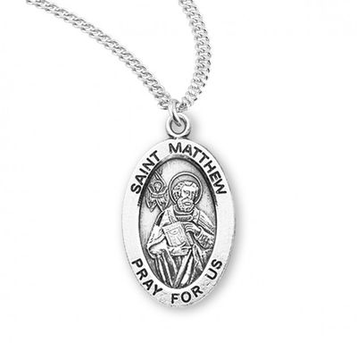 Sterling Silver St. Matthew Oval Medal on a 20&quot; Rhodium Plated Chain