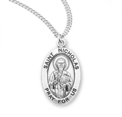 Sterling Silver St. Nicholas Oval Medal on a 20&quot; Rhodium Plated Chain