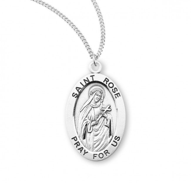 Sterling Silver St. Rose Oval Medal on a 18&quot; Rhodium Plated Chain